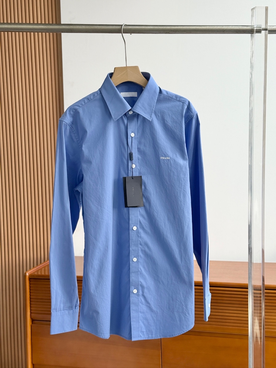 PRADA Textured Cotton Long Sleeve Shirt 프라다 텍스처드 코튼 긴팔 셔츠 블루 5