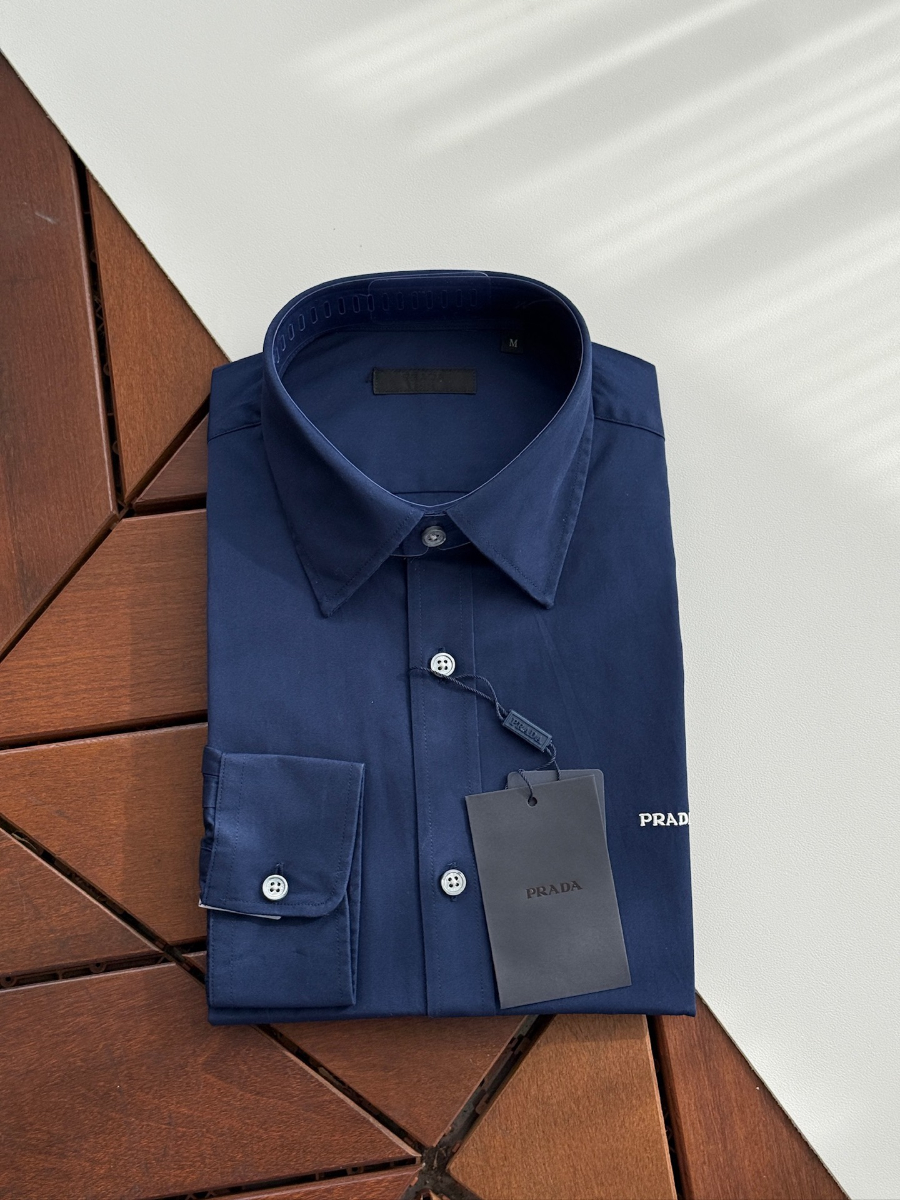 PRADA Textured Cotton Long Sleeve Shirt 프라다 텍스처드 코튼 긴팔 셔츠 네이비 1