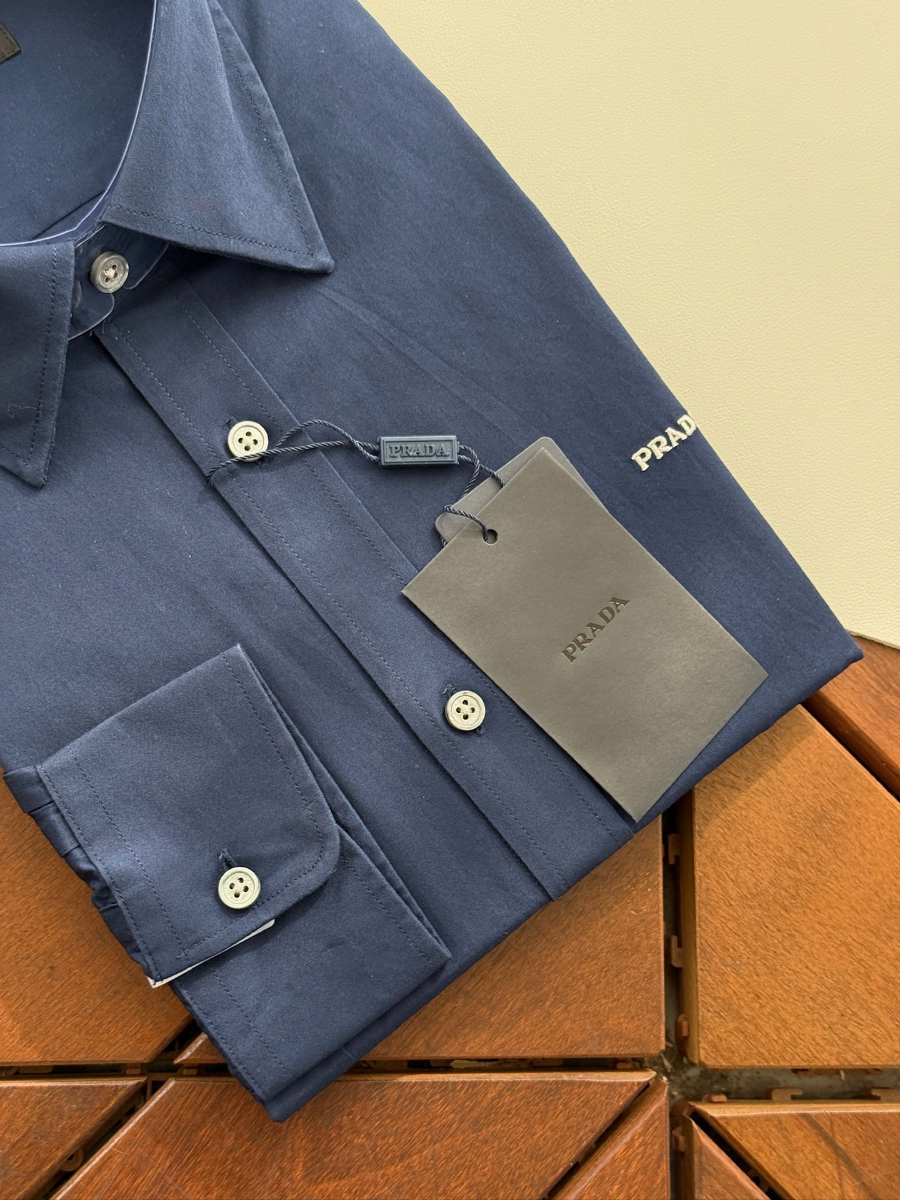 PRADA Textured Cotton Long Sleeve Shirt 프라다 텍스처드 코튼 긴팔 셔츠 네이비 4