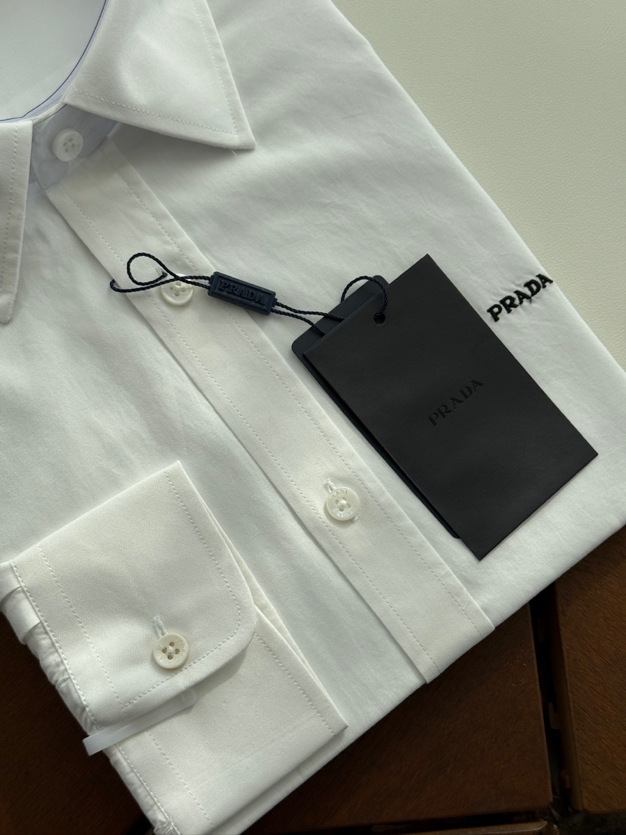PRADA Textured Cotton Long Sleeve Shirt 프라다 텍스처드 코튼 긴팔 셔츠 화이트 4