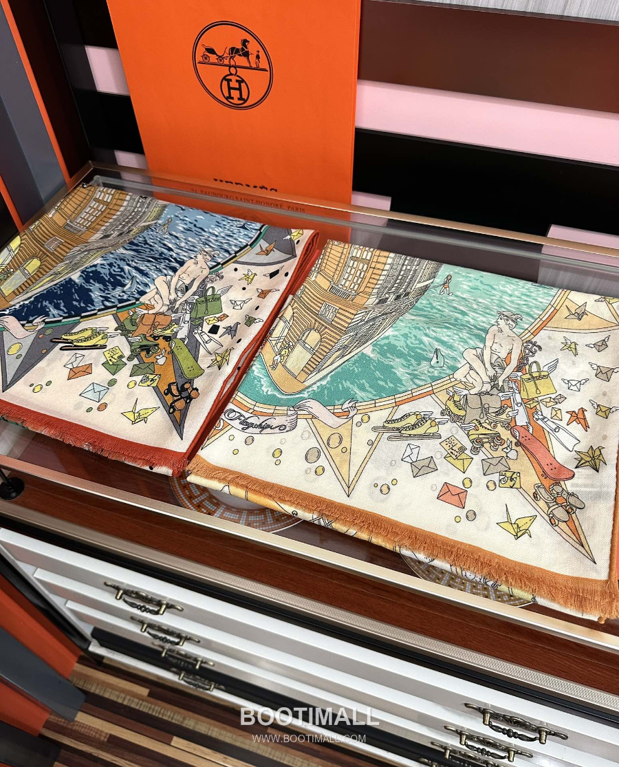Hermès 에르메스 더블페이스 실크 캐시미어 일러스트 프린트 숄 스카프 65×185cm 2
