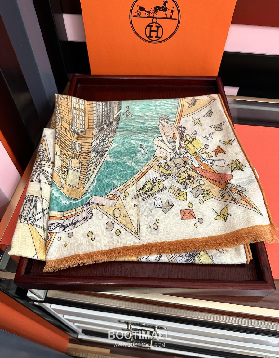 Hermès 에르메스 더블페이스 실크 캐시미어 일러스트 프린트 숄 스카프 65×185cm 3