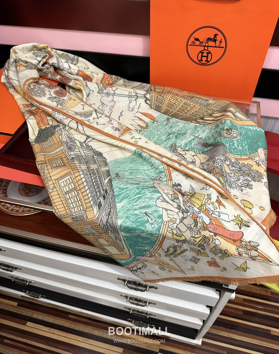 Hermès 에르메스 더블페이스 실크 캐시미어 일러스트 프린트 숄 스카프 65×185cm 5