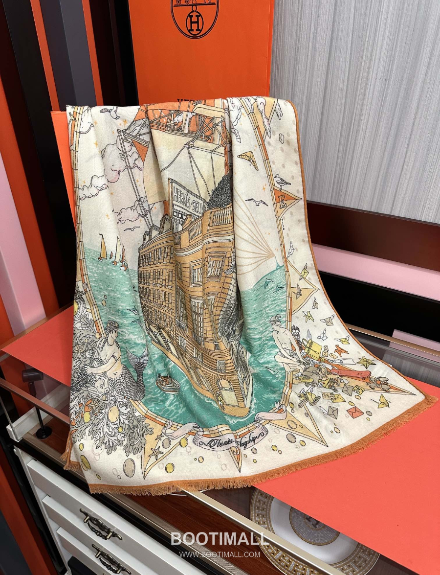 Hermès 에르메스 더블페이스 실크 캐시미어 일러스트 프린트 숄 스카프 65×185cm 6