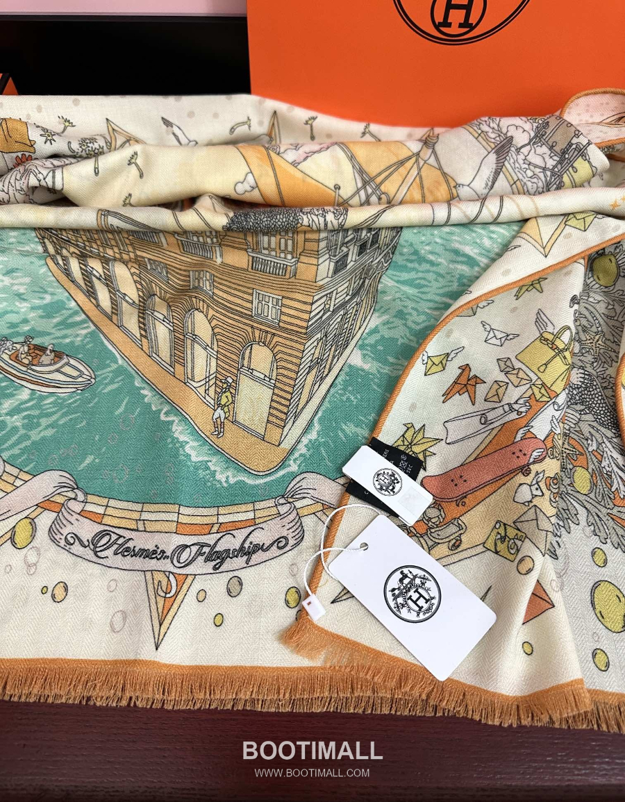 Hermès 에르메스 더블페이스 실크 캐시미어 일러스트 프린트 숄 스카프 65×185cm 7
