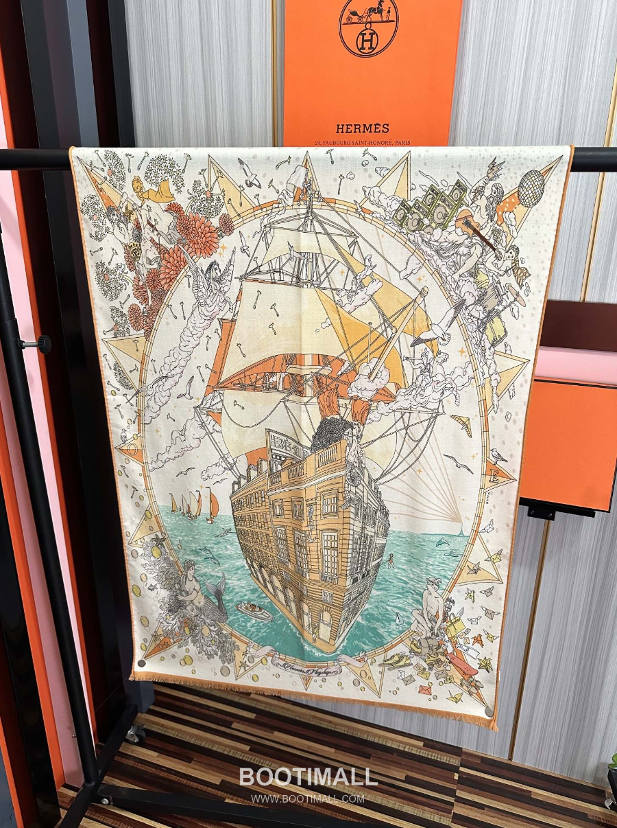 Hermès 에르메스 더블페이스 실크 캐시미어 일러스트 프린트 숄 스카프 65×185cm 8