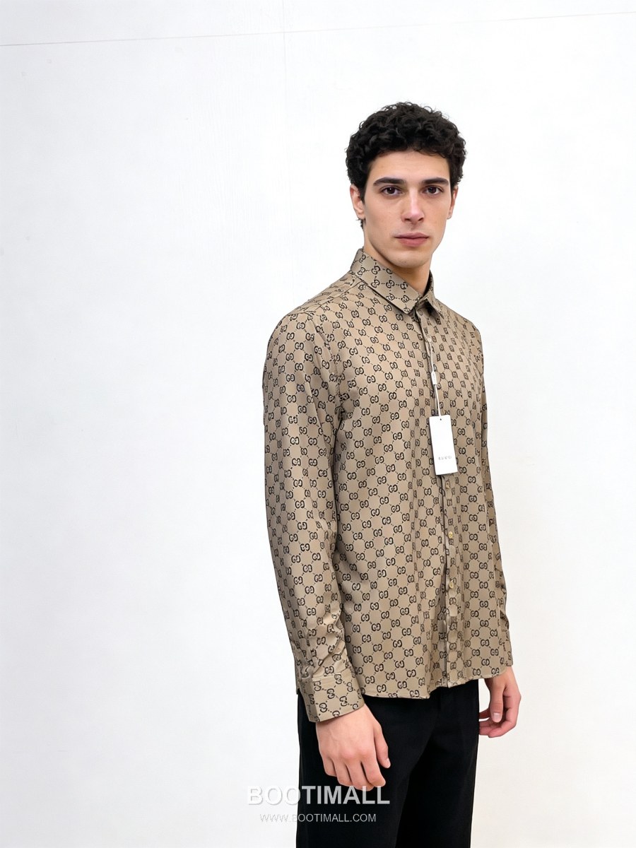 GUCCI 구찌 GG 모노그램 남성 실크 터치 셔츠 베이 1