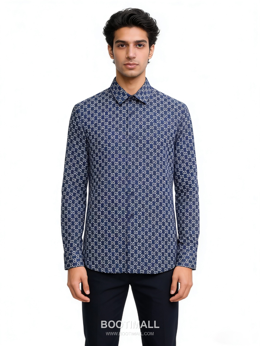 GUCCI 구찌 GG 모노그램 남성 실크 터치 셔츠 네이비 1