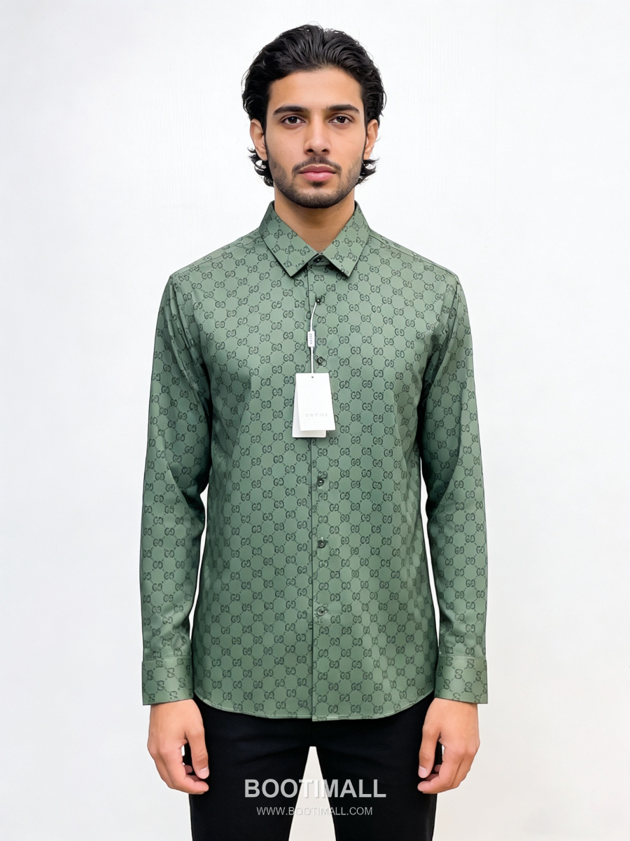 GUCCI 구찌 GG 모노그램 남성 실크 터치 셔츠 그린 1