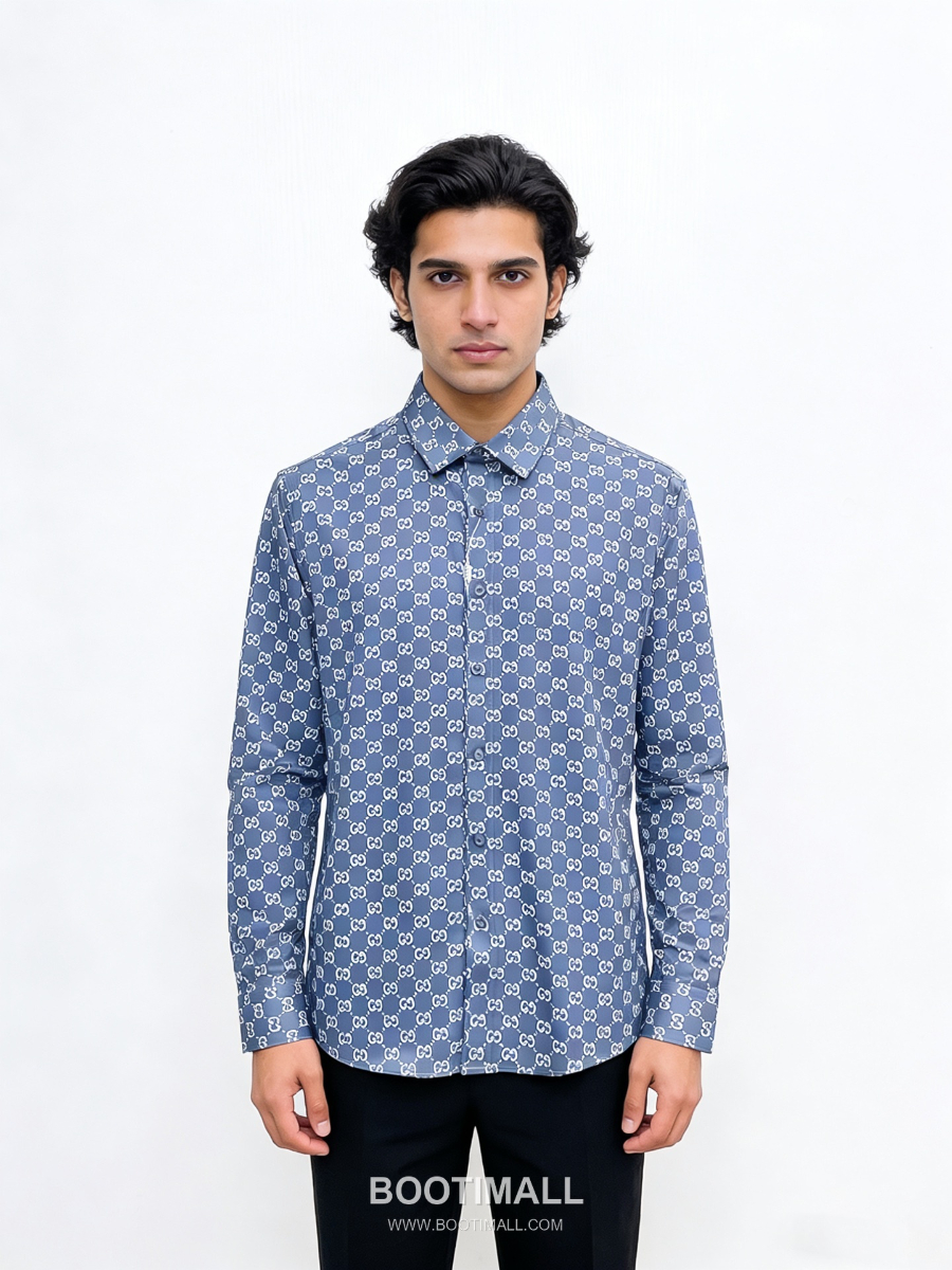 GUCCI 구찌 GG 모노그램 남성 실크 터치 셔츠 블루 1