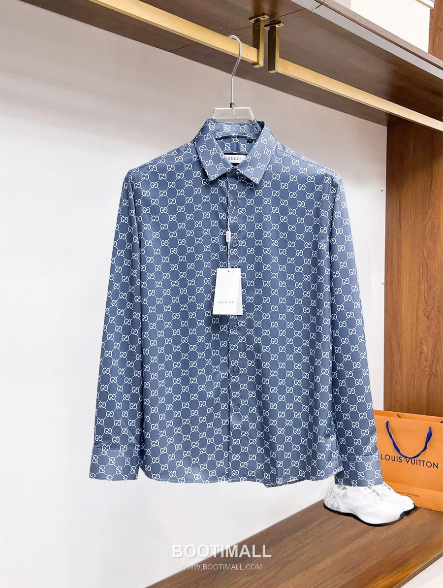 GUCCI 구찌 GG 모노그램 남성 실크 터치 셔츠 블루 2