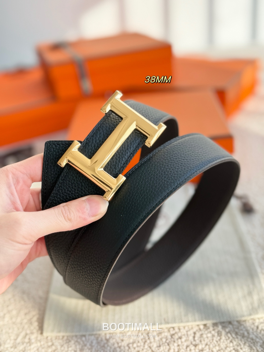 HERMÈS Constance H Buckle & Reversible 에르메스 콘스탄스 H 버클 리버서블 토고 카프스킨 벨트 블랙/버건디 금장 3.8cm 4