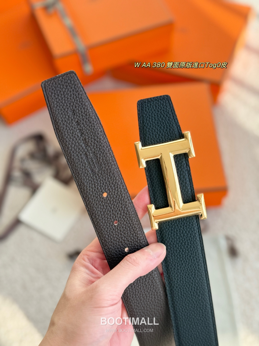 HERMÈS Constance H Buckle & Reversible 에르메스 콘스탄스 H 버클 리버서블 토고 카프스킨 벨트 블랙/버건디 금장 3.8cm 5