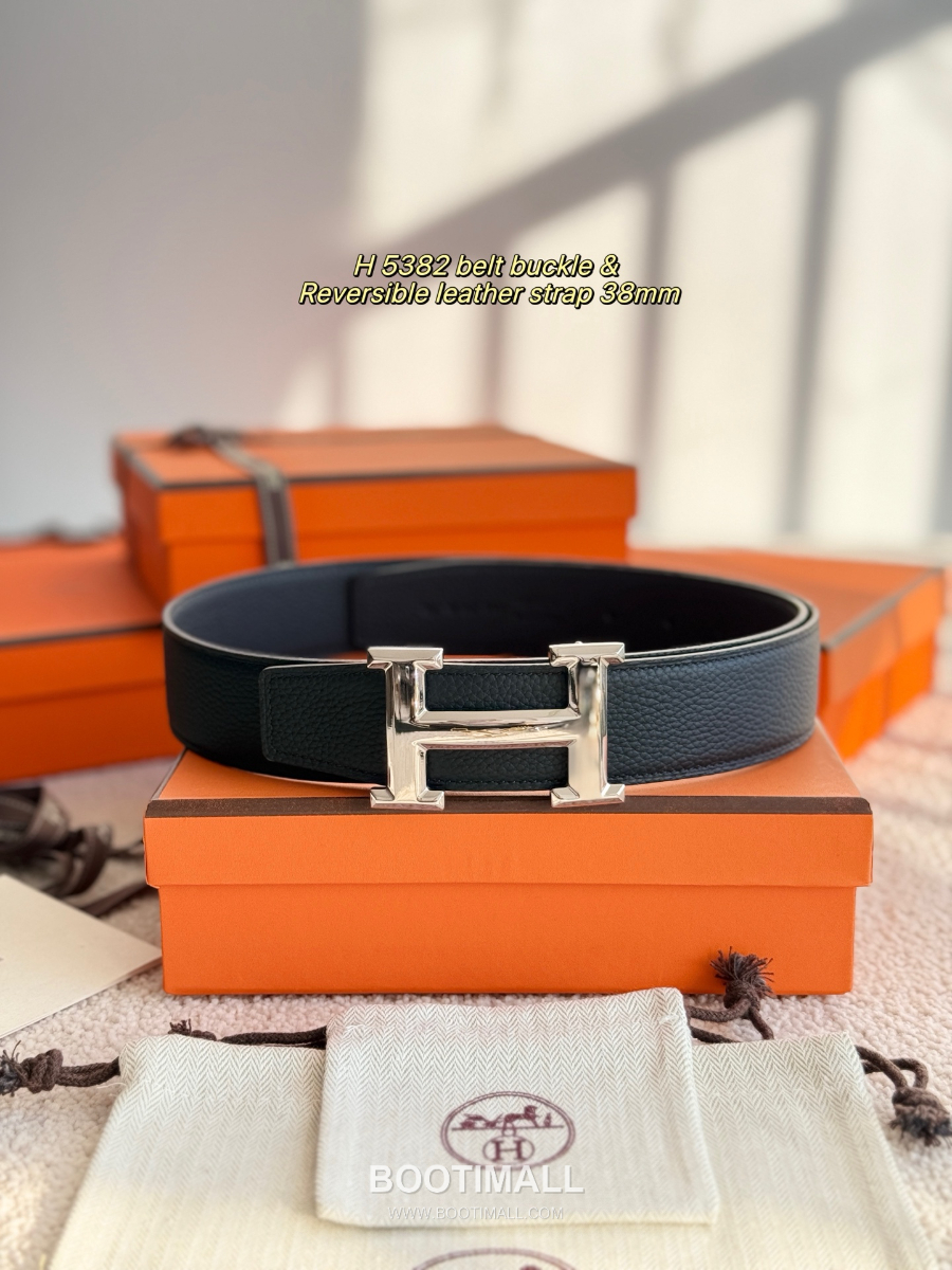HERMÈS Constance H Buckle & Reversible 에르메스 콘스탄스 H 버클 리버서블 토고 카프스킨 벨트 블랙 은장 3.8cm 2