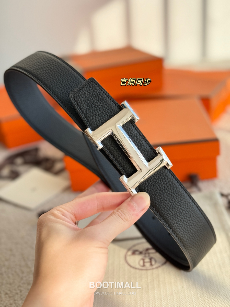 HERMÈS Constance H Buckle & Reversible 에르메스 콘스탄스 H 버클 리버서블 토고 카프스킨 벨트 블랙 은장 3.8cm 3