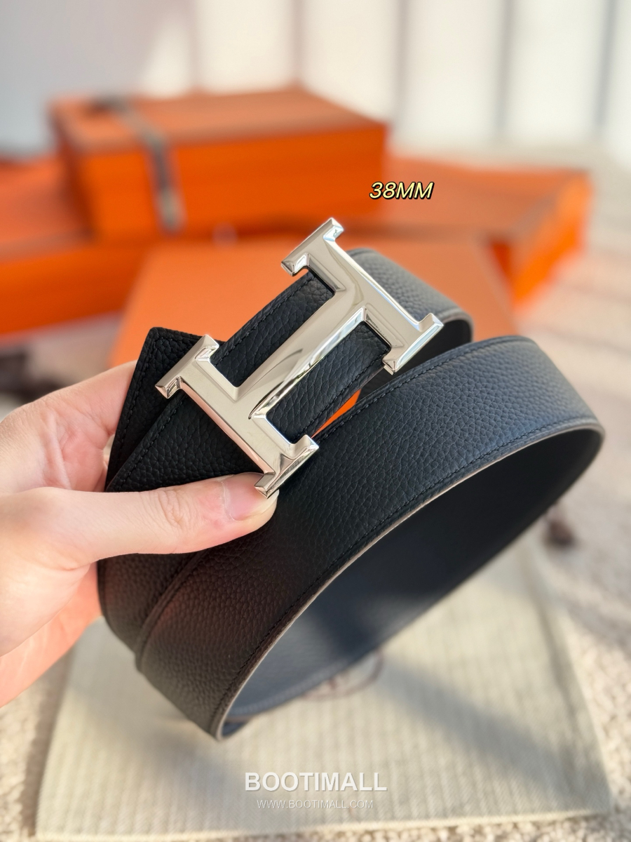 HERMÈS Constance H Buckle & Reversible 에르메스 콘스탄스 H 버클 리버서블 토고 카프스킨 벨트 블랙 은장 3.8cm 4