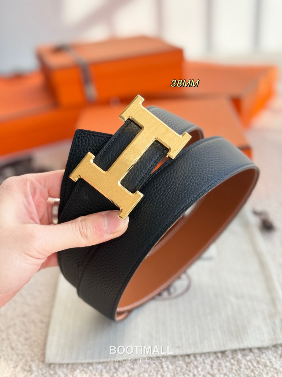 HERMÈS Constance H Buckle & Reversible 에르메스 콘스탄스 H 버클 리버서블 토고 카프스킨 벨트 블랙/브라운 무광금장 3.8cm 4