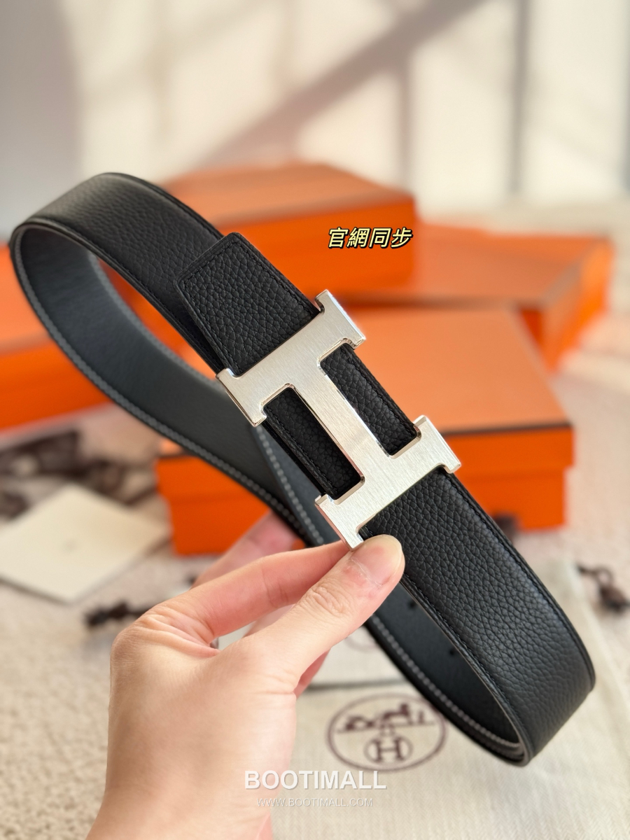 HERMÈS Constance H Buckle & Reversible 에르메스 콘스탄스 H 버클 리버서블 토고 카프스킨 벨트 블랙 무광은장 3.8cm 3