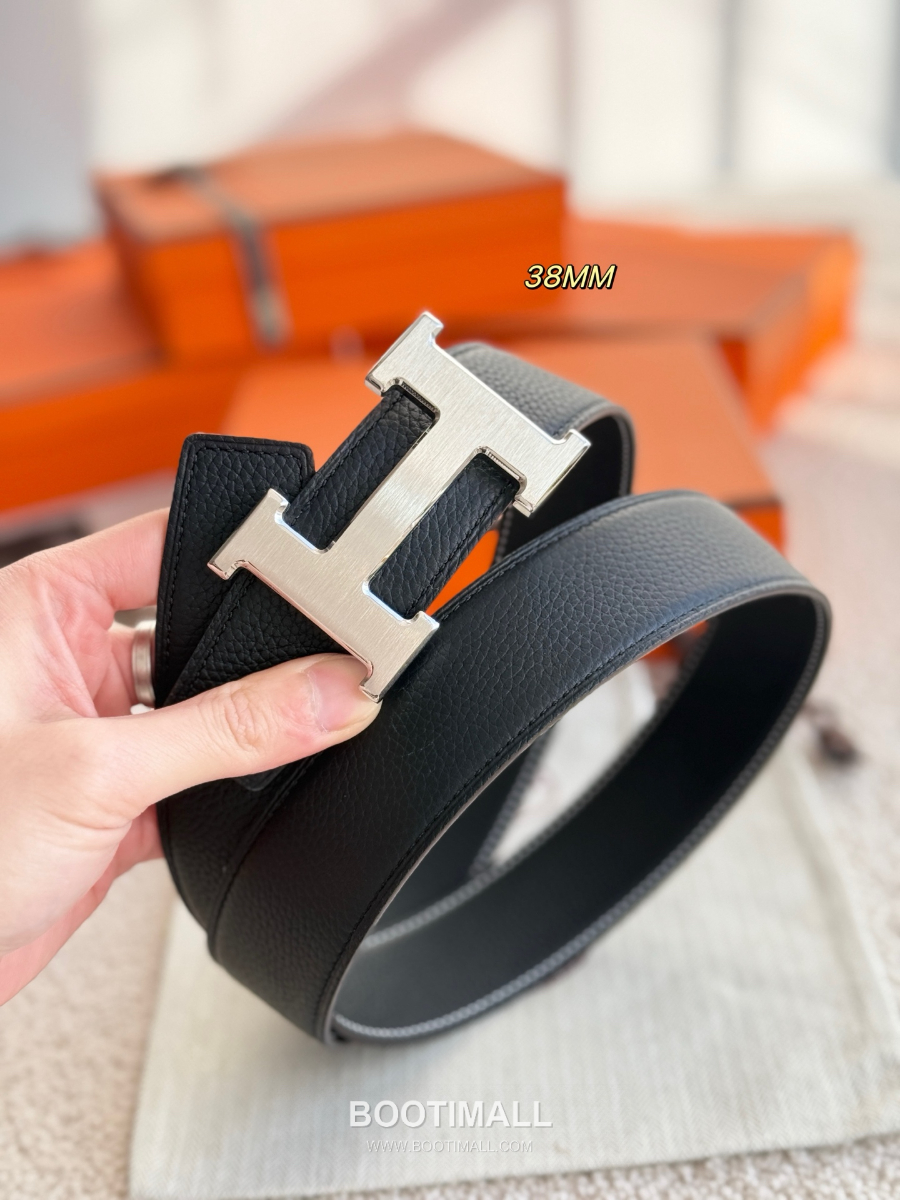 HERMÈS Constance H Buckle & Reversible 에르메스 콘스탄스 H 버클 리버서블 토고 카프스킨 벨트 블랙 무광은장 3.8cm 4