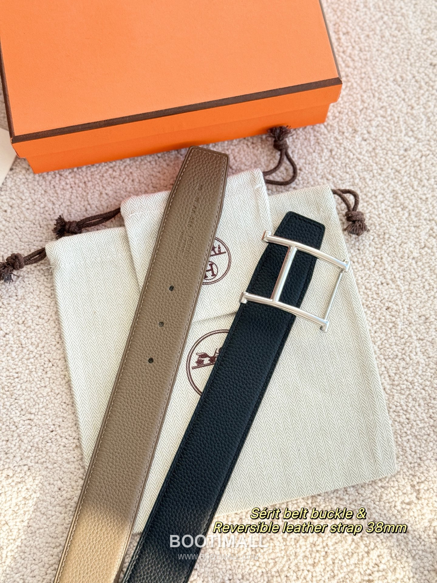 HERMÈS H Serif Buckle Reversible Togo 에르메스 H 세리프 버클 리버서블 토고 카프스킨 벨트 블랙/카키 은장 3.8cm 1