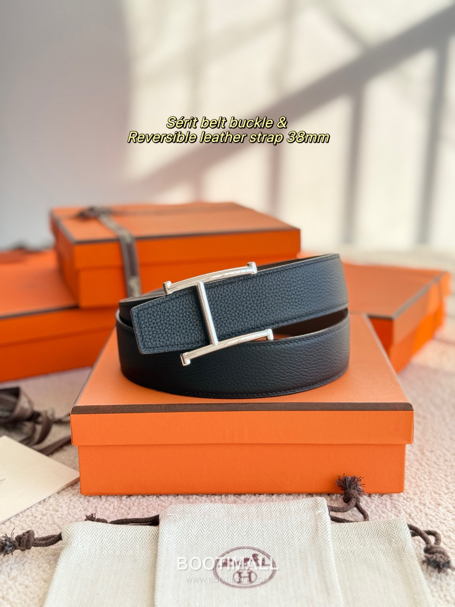 HERMÈS H Serif Buckle Reversible Togo 에르메스 H 세리프 버클 리버서블 토고 카프스킨 벨트 블랙/카키 은장 3.8cm 2