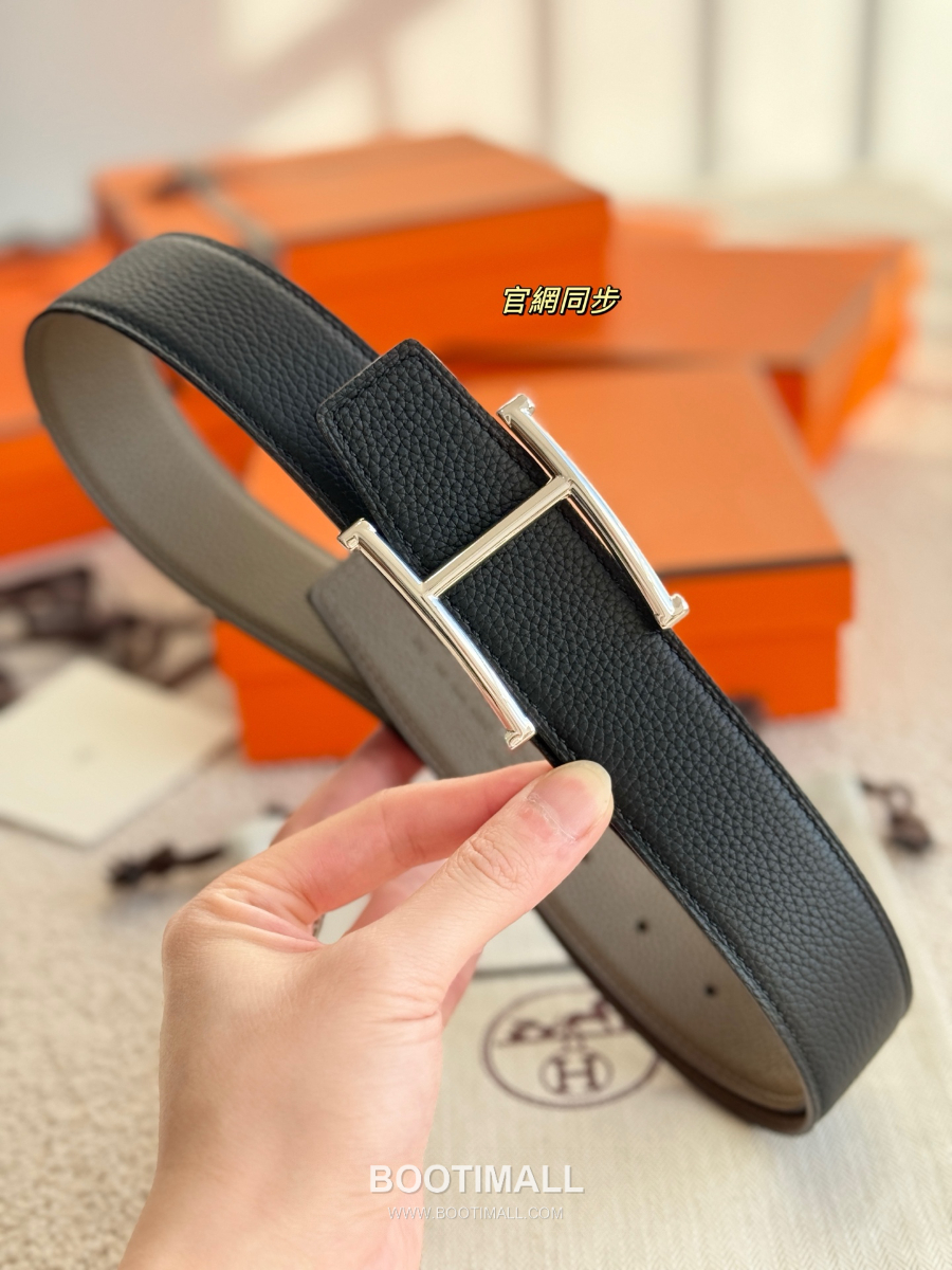 HERMÈS H Serif Buckle Reversible Togo 에르메스 H 세리프 버클 리버서블 토고 카프스킨 벨트 블랙/카키 은장 3.8cm 3