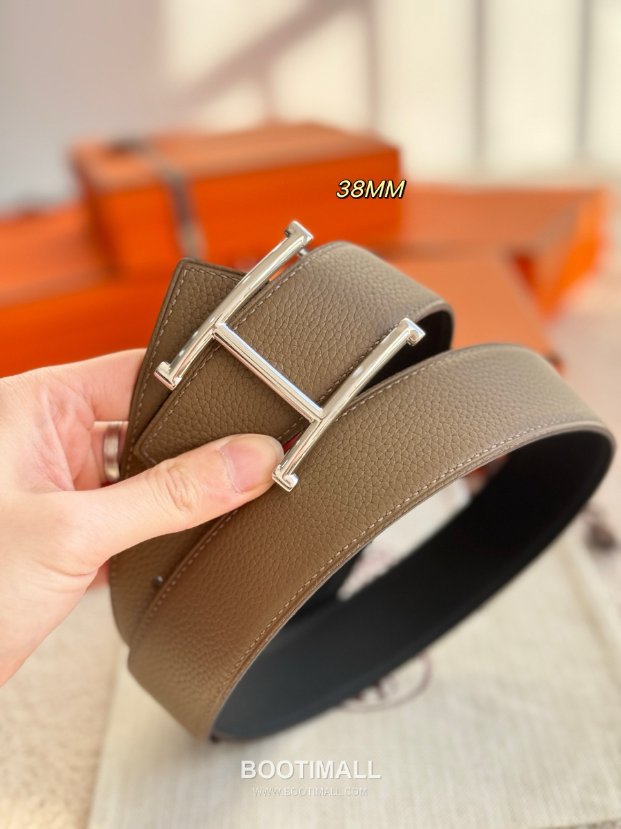 HERMÈS H Serif Buckle Reversible Togo 에르메스 H 세리프 버클 리버서블 토고 카프스킨 벨트 블랙/카키 은장 3.8cm 4
