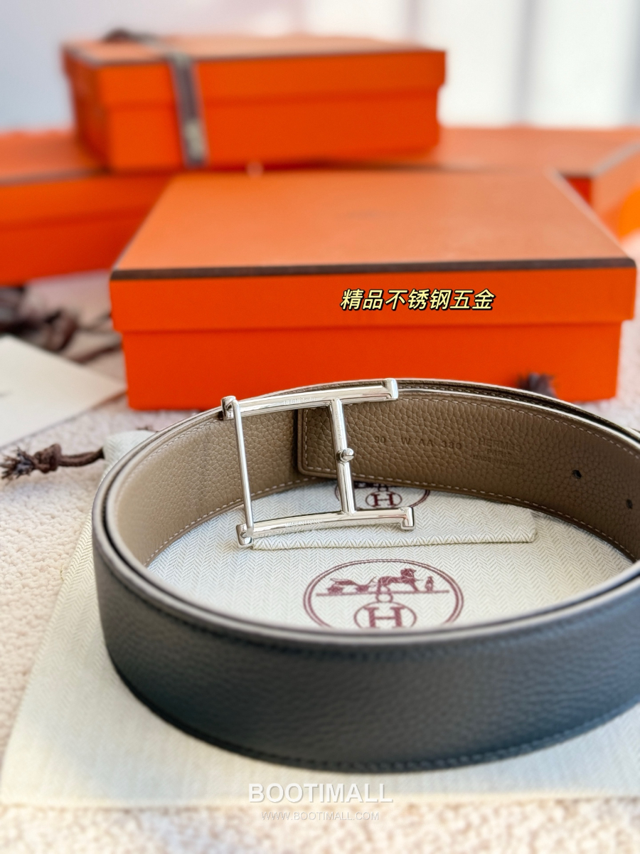 HERMÈS H Serif Buckle Reversible Togo 에르메스 H 세리프 버클 리버서블 토고 카프스킨 벨트 블랙/카키 은장 3.8cm 5