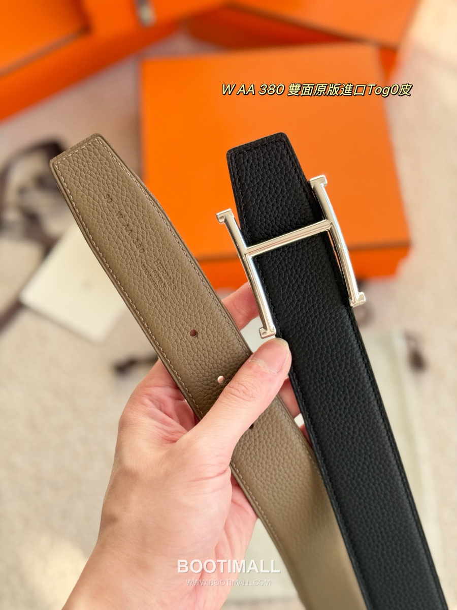 HERMÈS H Serif Buckle Reversible Togo 에르메스 H 세리프 버클 리버서블 토고 카프스킨 벨트 블랙/카키 은장 3.8cm 6