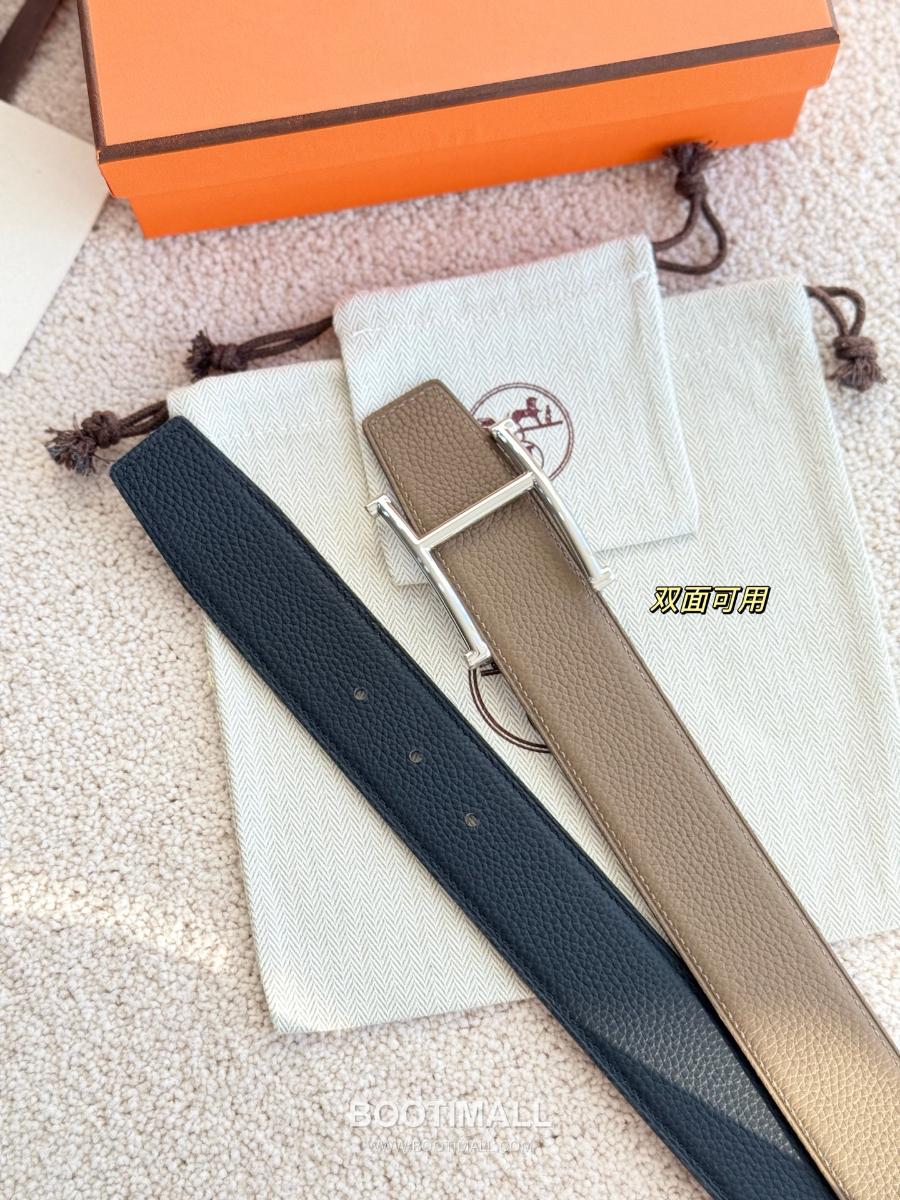 HERMÈS H Serif Buckle Reversible Togo 에르메스 H 세리프 버클 리버서블 토고 카프스킨 벨트 블랙/카키 은장 3.8cm 7
