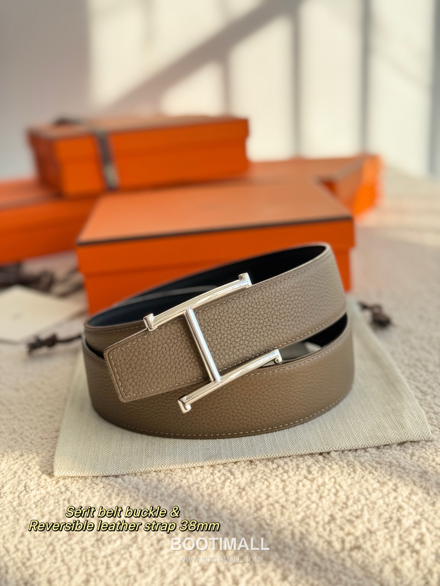 HERMÈS H Serif Buckle Reversible Togo 에르메스 H 세리프 버클 리버서블 토고 카프스킨 벨트 블랙/카키 은장 3.8cm 8