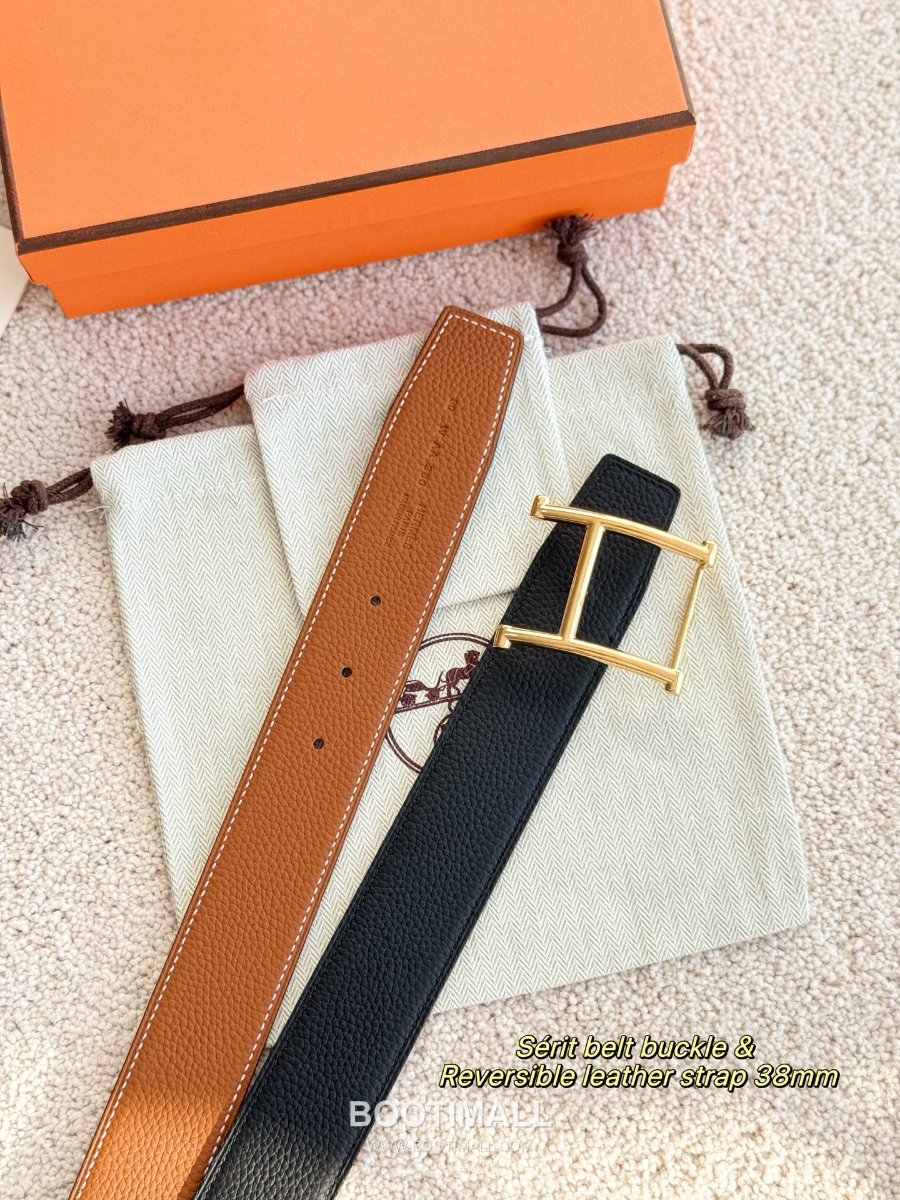 HERMÈS H Serif Buckle Reversible Togo 에르메스 H 세리프 버클 리버서블 토고 카프스킨 벨트 블랙/브라운 금장 3.8cm 1