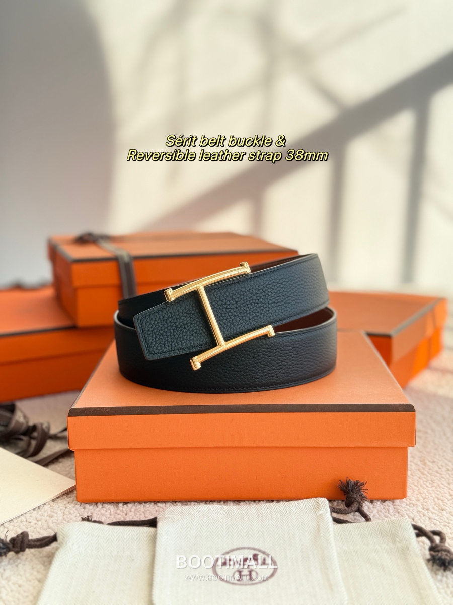 HERMÈS H Serif Buckle Reversible Togo 에르메스 H 세리프 버클 리버서블 토고 카프스킨 벨트 블랙/브라운 금장 3.8cm 2