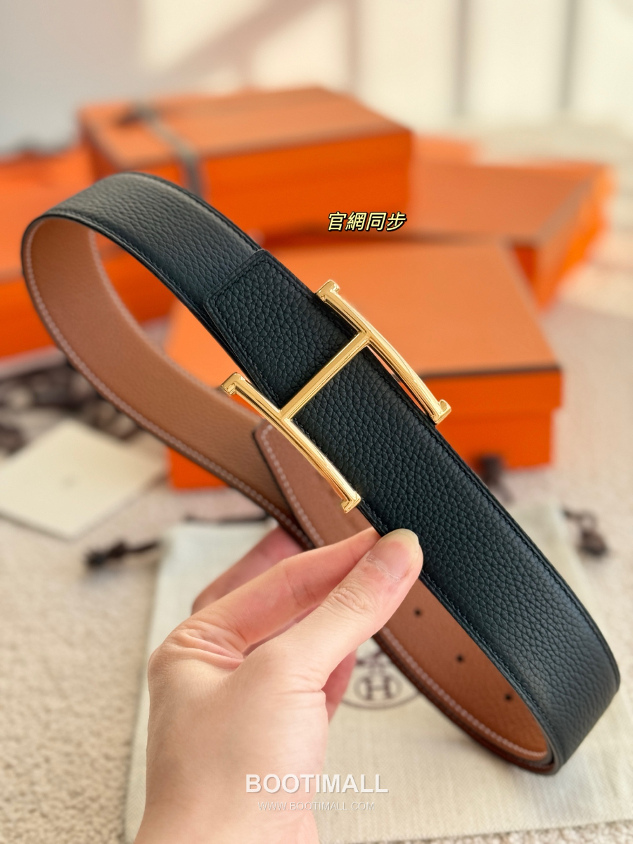 HERMÈS H Serif Buckle Reversible Togo 에르메스 H 세리프 버클 리버서블 토고 카프스킨 벨트 블랙/브라운 금장 3.8cm 3