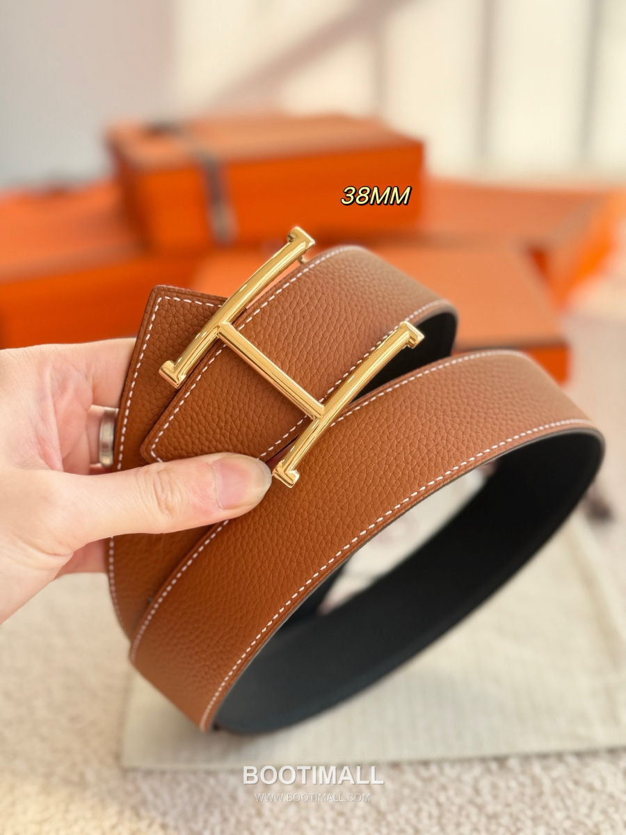 HERMÈS H Serif Buckle Reversible Togo 에르메스 H 세리프 버클 리버서블 토고 카프스킨 벨트 블랙/브라운 금장 3.8cm 4