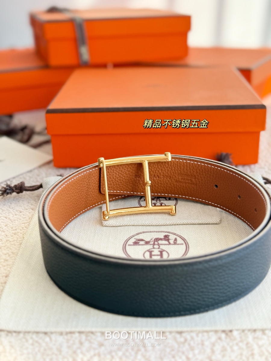 HERMÈS H Serif Buckle Reversible Togo 에르메스 H 세리프 버클 리버서블 토고 카프스킨 벨트 블랙/브라운 금장 3.8cm 5