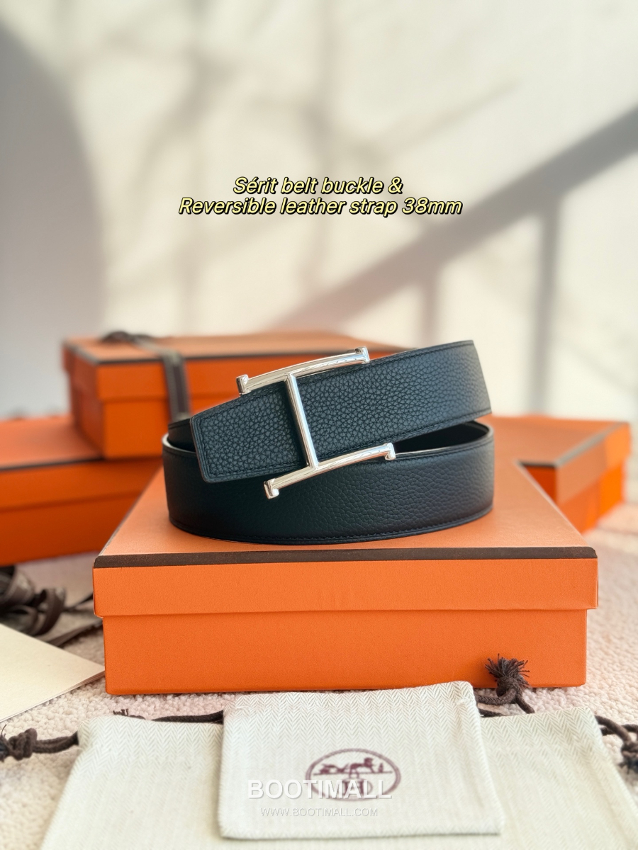 HERMÈS H Serif Buckle Reversible Togo 에르메스 H 세리프 버클 리버서블 토고 카프스킨 벨트 블랙 금장 3.8cm 2