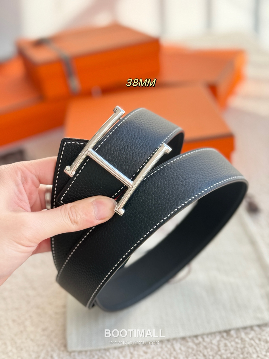 HERMÈS H Serif Buckle Reversible Togo 에르메스 H 세리프 버클 리버서블 토고 카프스킨 벨트 블랙 금장 3.8cm 4