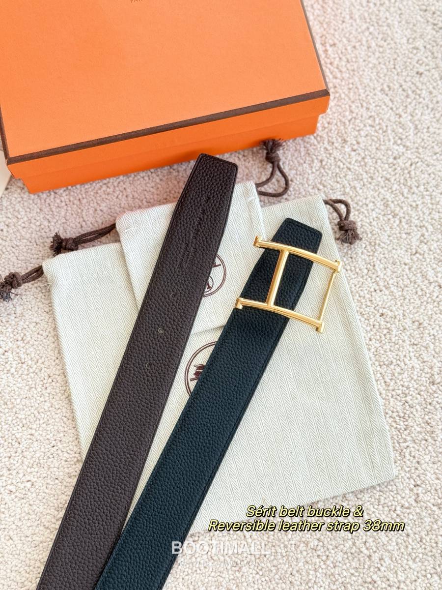 HERMÈS H Serif Buckle Reversible Togo 에르메스 H 세리프 버클 리버서블 토고 카프스킨 벨트 블랙/버건디 금장 3.8cm 1