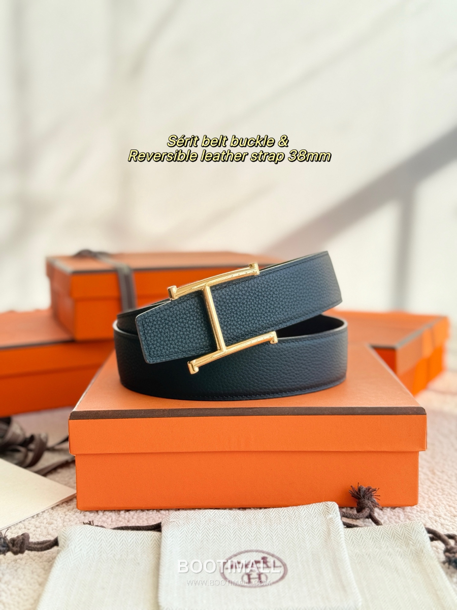 HERMÈS H Serif Buckle Reversible Togo 에르메스 H 세리프 버클 리버서블 토고 카프스킨 벨트 블랙/버건디 금장 3.8cm 2