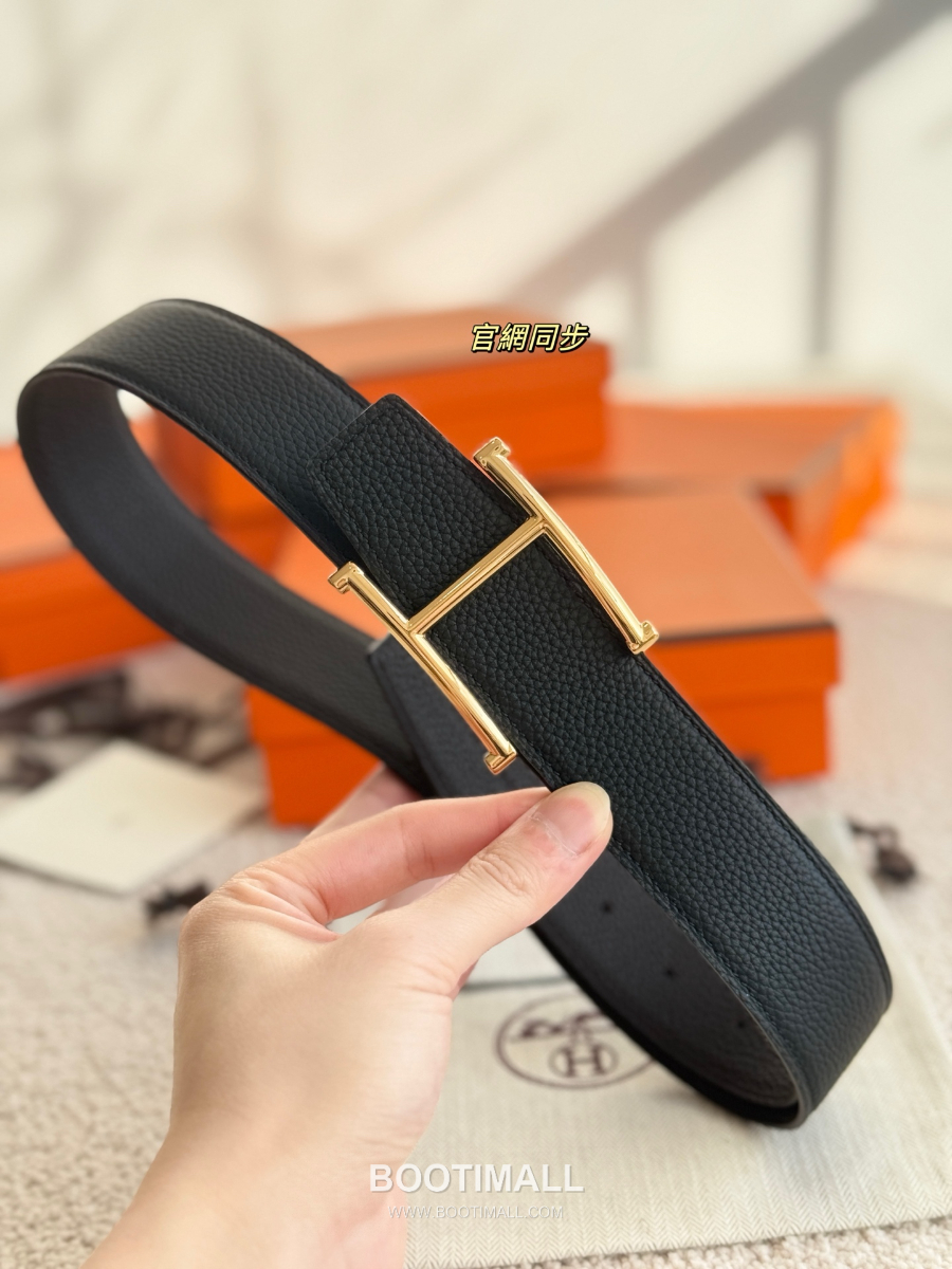HERMÈS H Serif Buckle Reversible Togo 에르메스 H 세리프 버클 리버서블 토고 카프스킨 벨트 블랙/버건디 금장 3.8cm 3