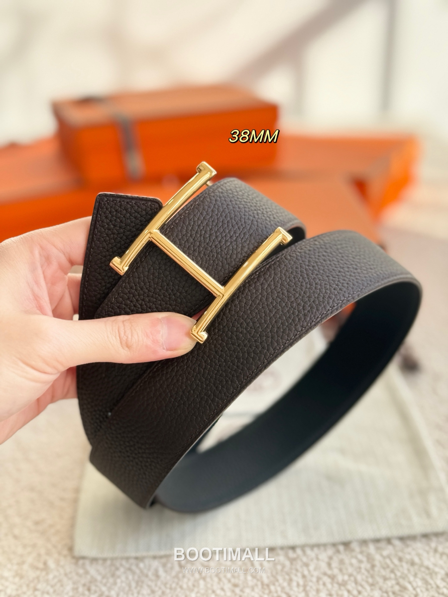 HERMÈS H Serif Buckle Reversible Togo 에르메스 H 세리프 버클 리버서블 토고 카프스킨 벨트 블랙/버건디 금장 3.8cm 4