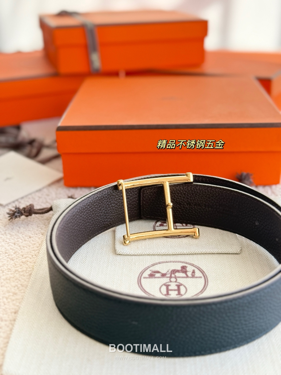 HERMÈS H Serif Buckle Reversible Togo 에르메스 H 세리프 버클 리버서블 토고 카프스킨 벨트 블랙/버건디 금장 3.8cm 5
