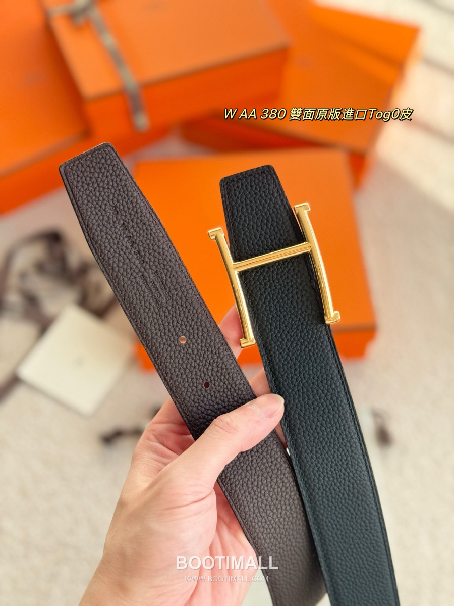 HERMÈS H Serif Buckle Reversible Togo 에르메스 H 세리프 버클 리버서블 토고 카프스킨 벨트 블랙/버건디 금장 3.8cm 6