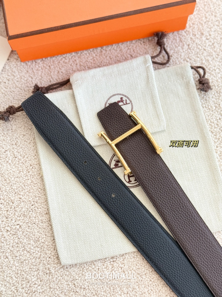 HERMÈS H Serif Buckle Reversible Togo 에르메스 H 세리프 버클 리버서블 토고 카프스킨 벨트 블랙/버건디 금장 3.8cm 7