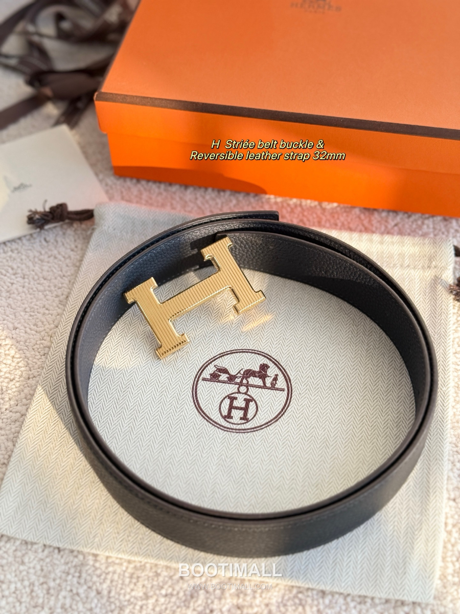 Hermès H Striée Buckle Reversible 에르메스 H 스트리에 버클 리버서블 토고 카프스킨 벨트 블랙 금장 3.2cm 1