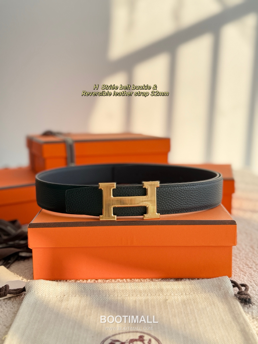 Hermès H Striée Buckle Reversible 에르메스 H 스트리에 버클 리버서블 토고 카프스킨 벨트 블랙 금장 3.2cm 2