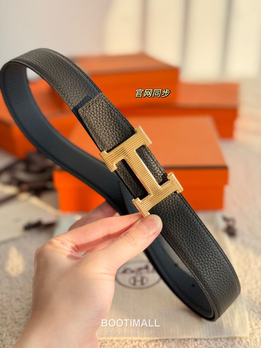 Hermès H Striée Buckle Reversible 에르메스 H 스트리에 버클 리버서블 토고 카프스킨 벨트 블랙 금장 3.2cm 3