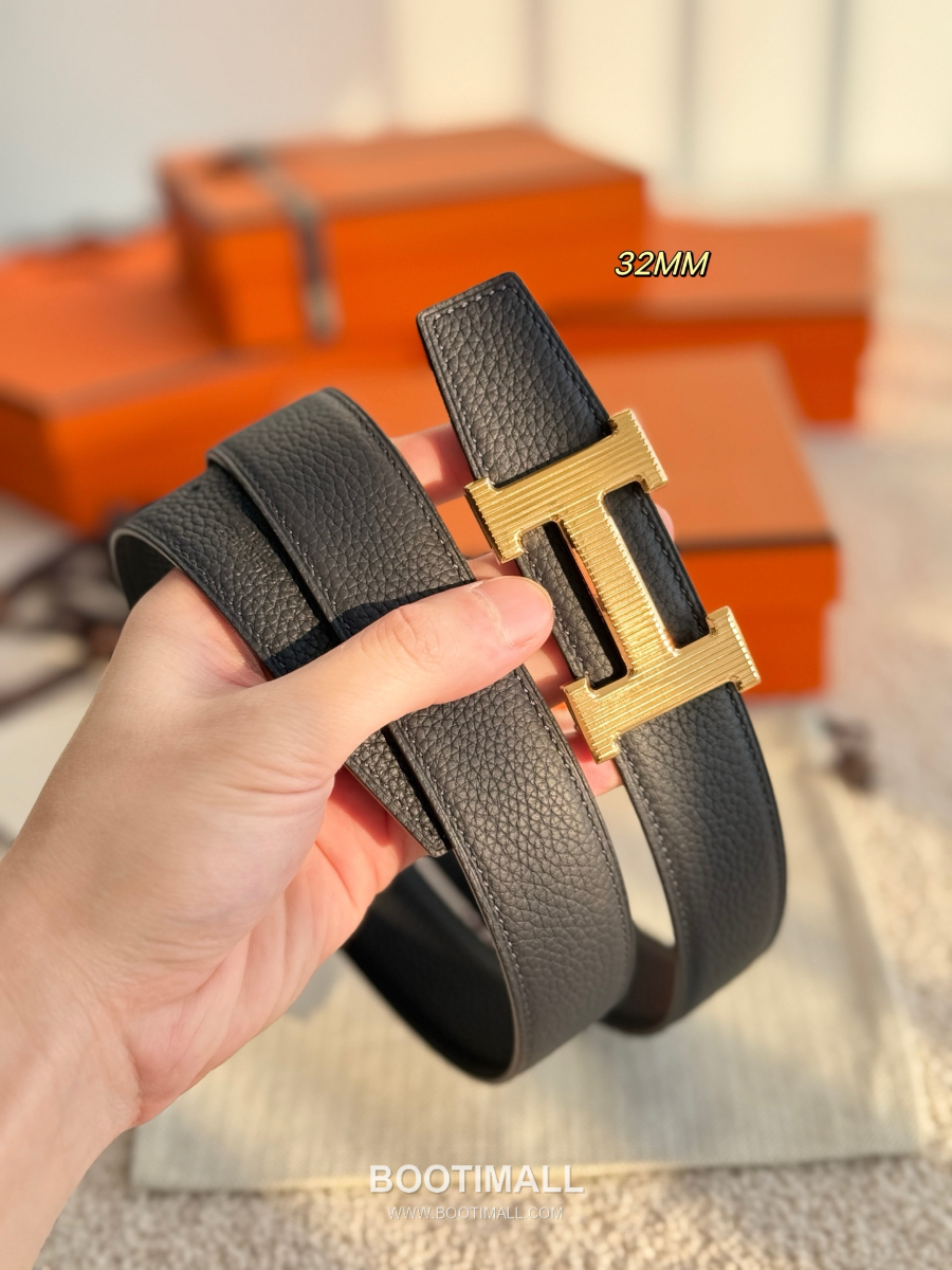Hermès H Striée Buckle Reversible 에르메스 H 스트리에 버클 리버서블 토고 카프스킨 벨트 블랙 금장 3.2cm 6