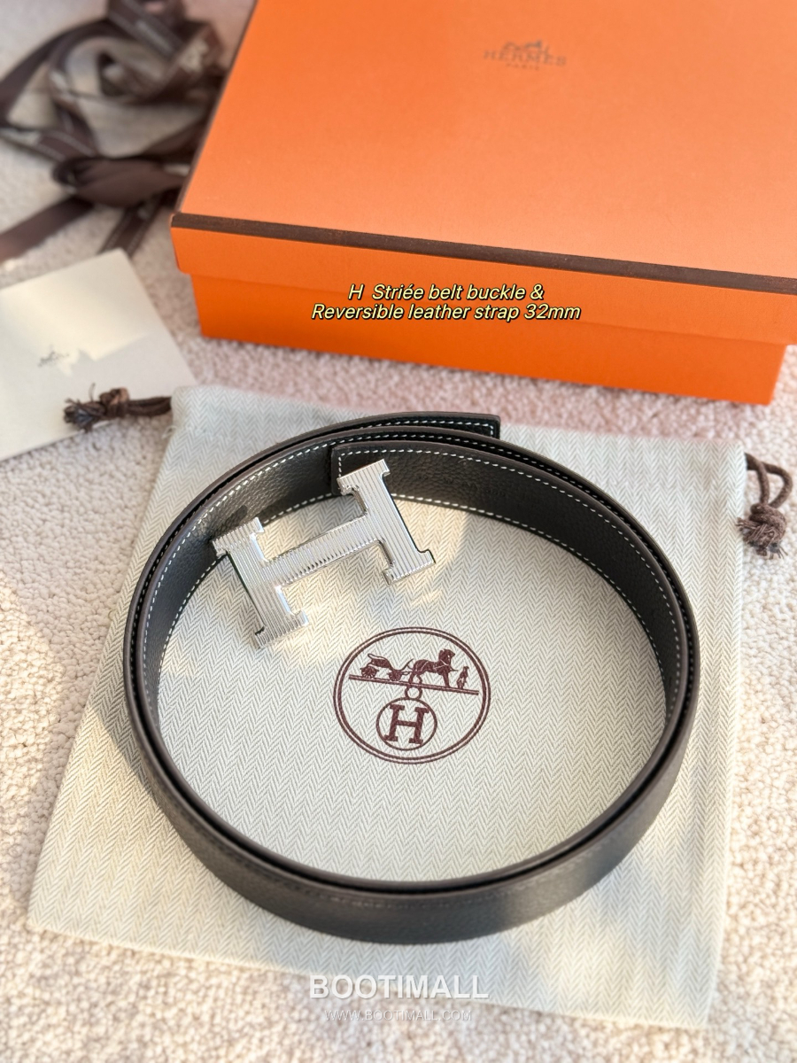 Hermès H Striée Buckle Reversible 에르메스 H 스트리에 버클 리버서블 토고 카프스킨 벨트 블랙 은장 3.2cm 1